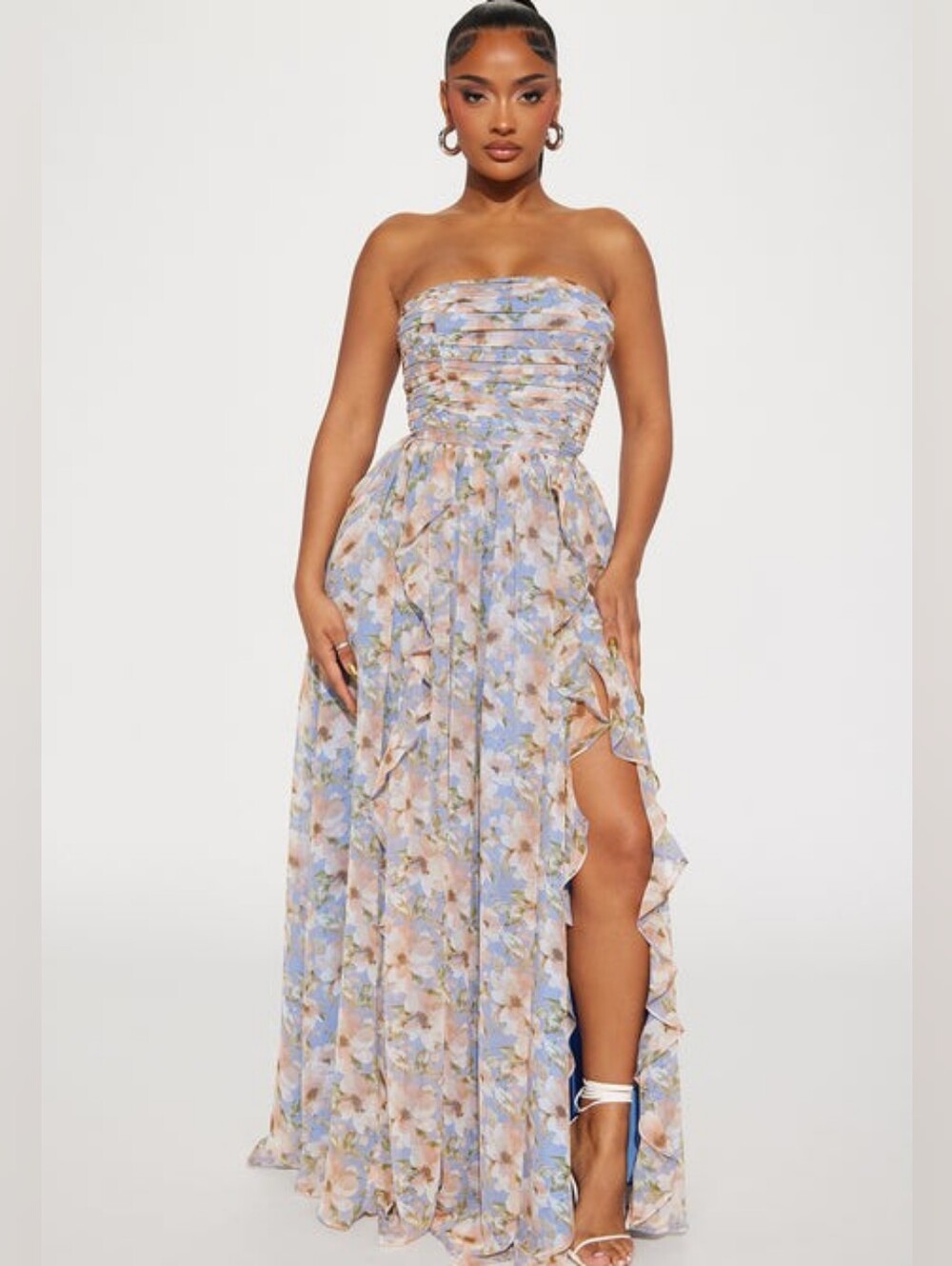 Fashion Nova Sophia Chiffon Maxi Dress, strapless, high slit, ruffle hem, NWT